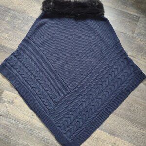 Talbots Navy Blue Knit Cape/Poncho W/Black Faux Fur Cowl Neck Sz Lg